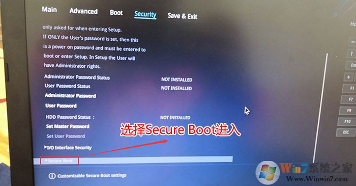 在Security选项下选择Secure Boot回车 在Security选项下选择Secure Boot回车