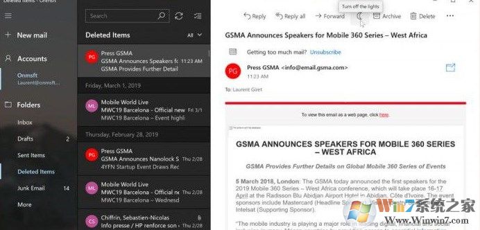 Windows 10 Mail的Dark(黑色)主题更新内容