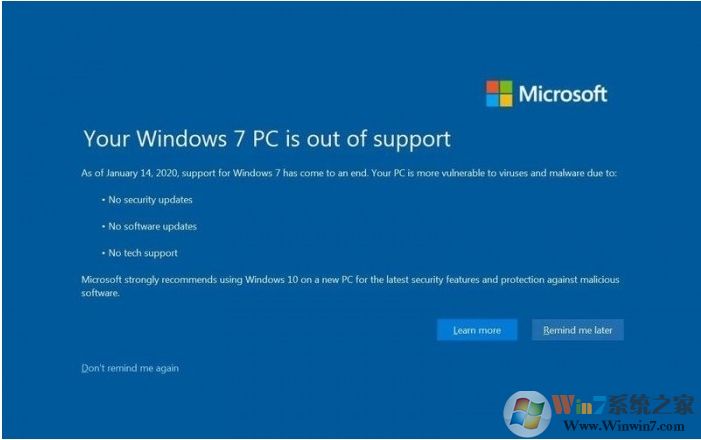 Win7结束支持后催促升级Win10全屏警告图片曝光!有点像蓝屏